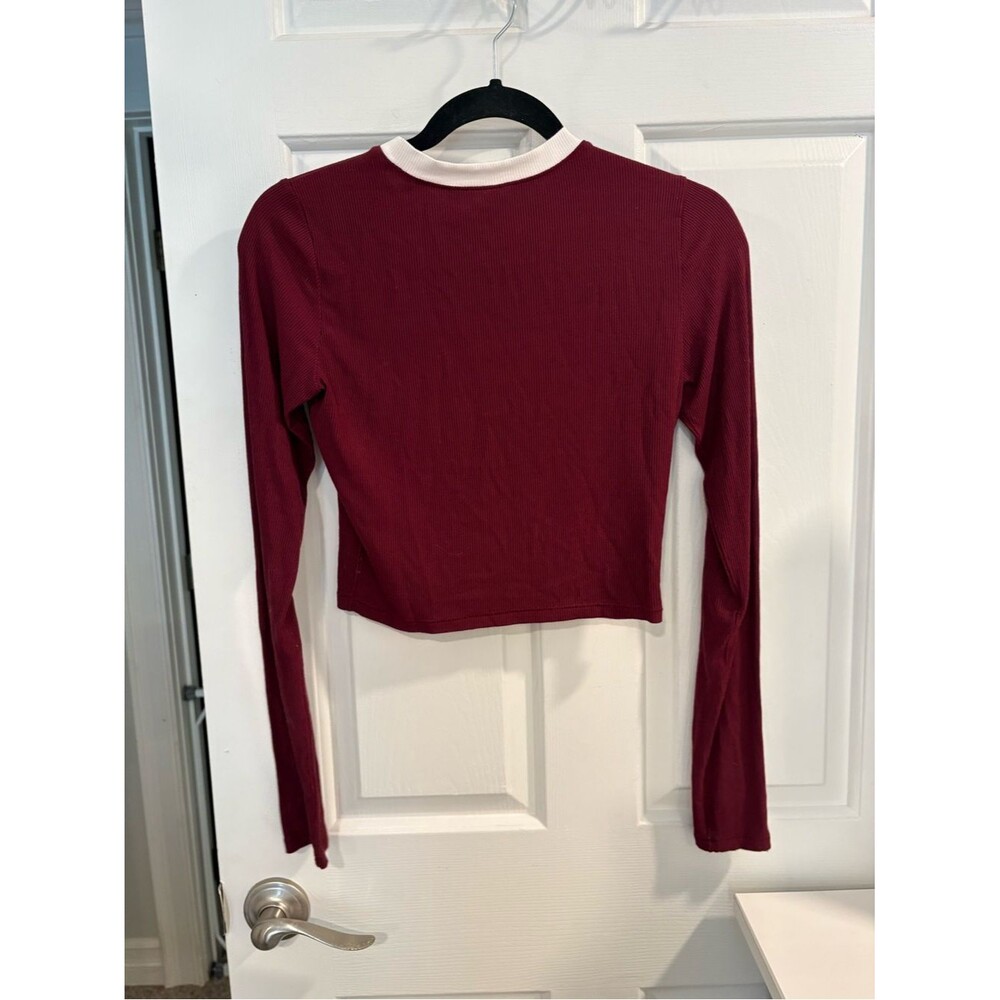 SKIMS Soft Lounge Wine Ribbed Long-Sleeve Ringer Cropped Crew White Neck Trim - Picture 5 of 5